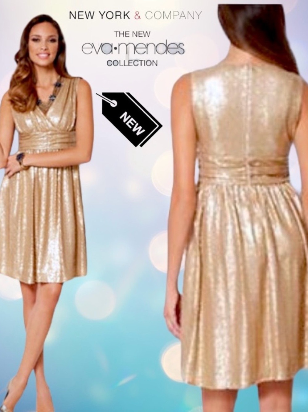 eva mendes for New York & Company Metallic Gold Sleeveless V-Neck Dress